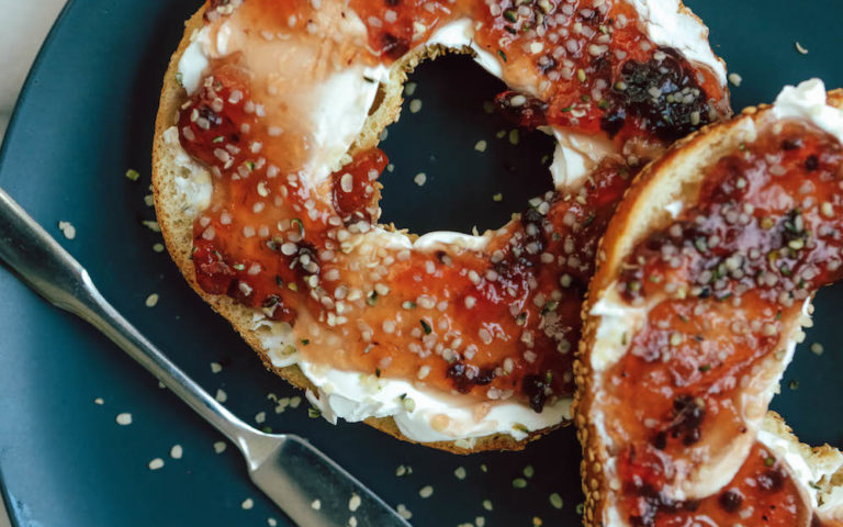 Whole Wheat Bagel with Cream ‘Cheese,’ Jam & Hemp Seeds