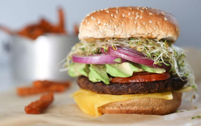 California Burger with Avocado & Baked Sweet Potato Fries
