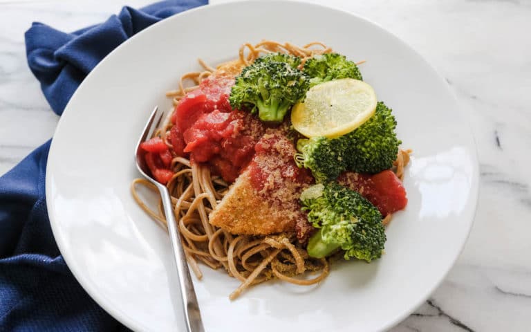 Chick’n ‘Parmesan’ with Lemony Broccoli